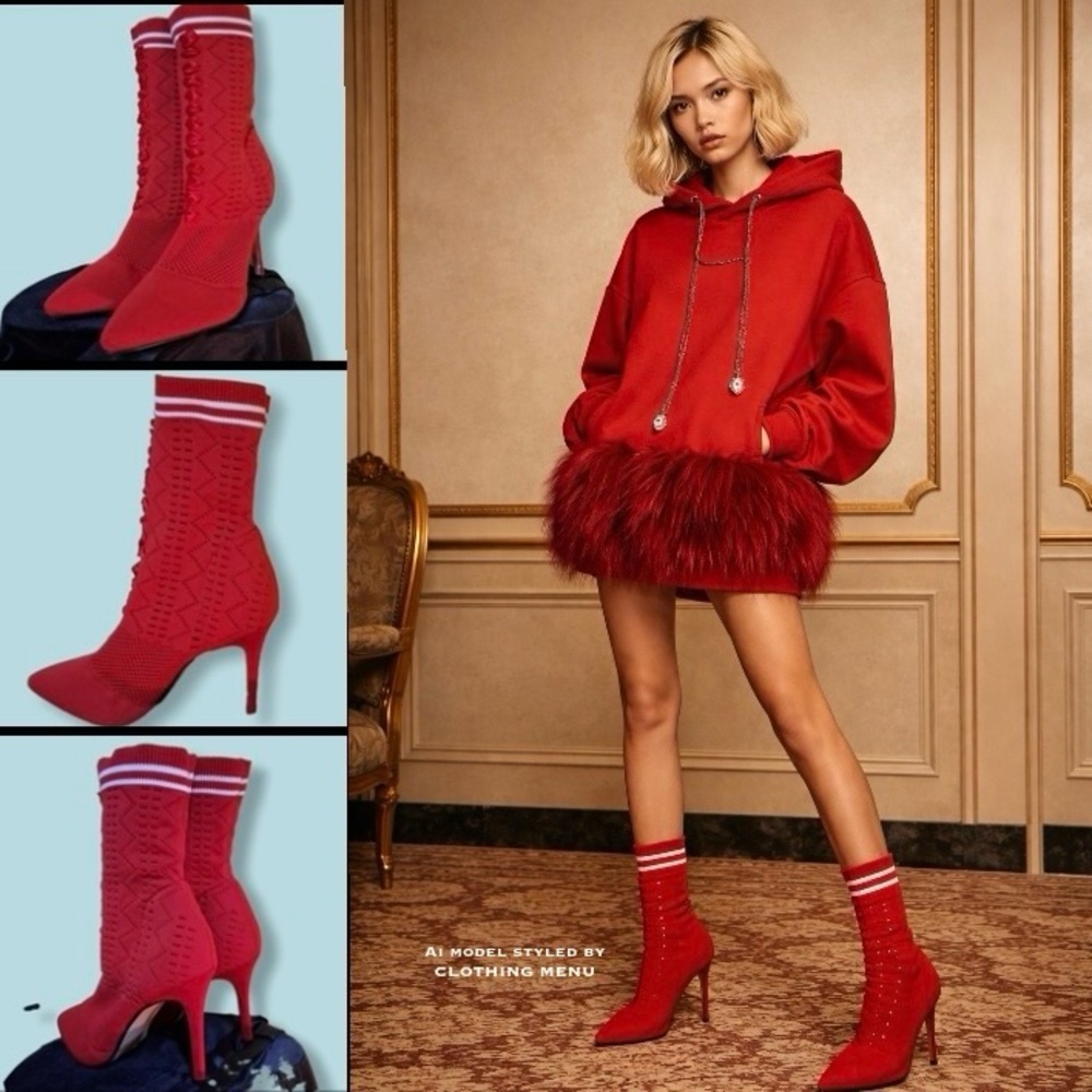 ROGUE Red and White Knitted Ankle Sock Boots Pointed Toe  Size 9